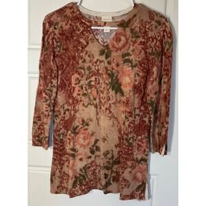 Chico's Pullover 3/4 Sleeve Keyhole Neckline Muted Rose Watercolor Top 1